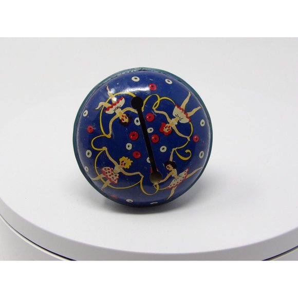 Vintage Blue Metal Noisemaker Rattle Featuring Girls Jumping Rope & Wooden Handl - Picture 2 of 8